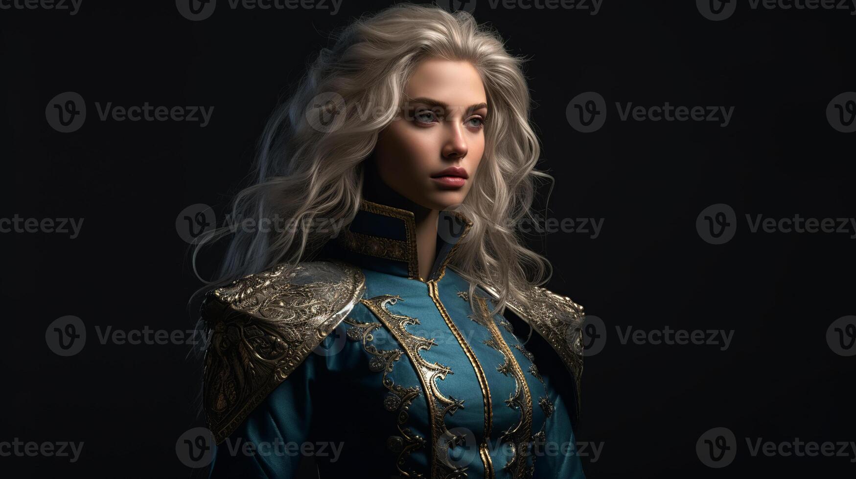 AI generated A Girl with long, wavy blonde hair, wearing an ornate blue and gold costume photo