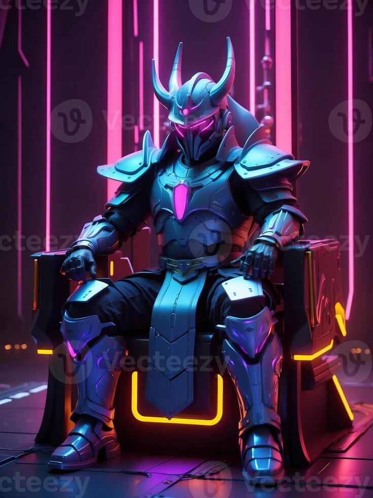 AI generated A futuristic armored warrior with glowing elements, seated on a throne surrounded by neon lights photo