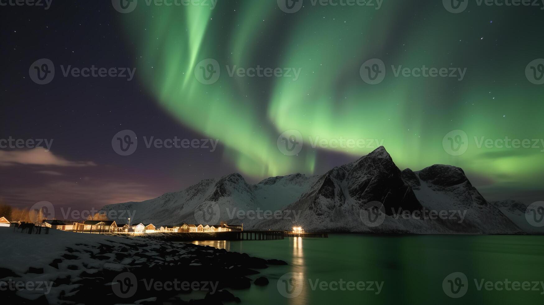 ai generado norte luces en lofoten islas, del Norte luces formando un grande verde arco terminado un cubierto de nieve montañoso paisaje, reflejado en un calma cuerpo de agua foto