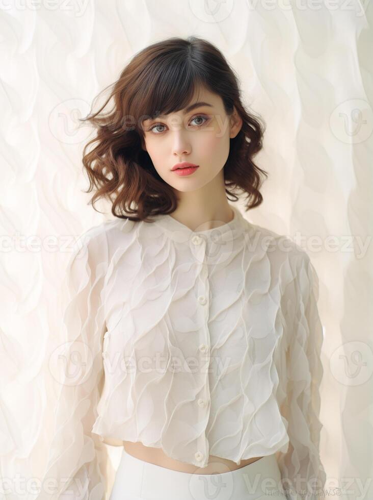 AI generated A beautiful woman in a white, leaf-patterned blouse against a light background photo
