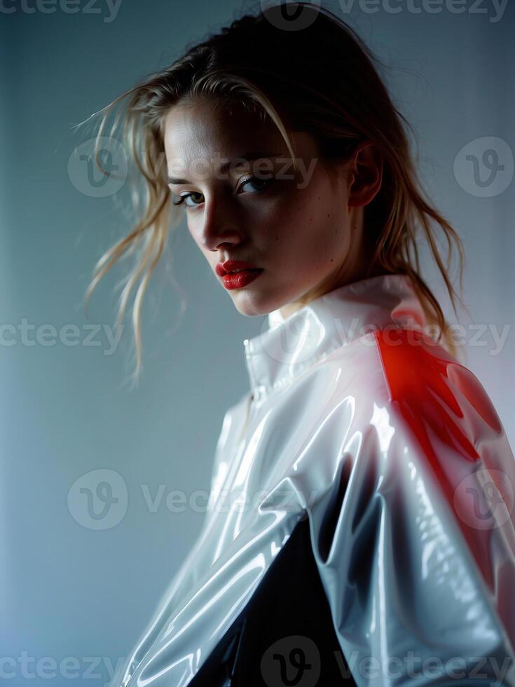 AI generated A girl in a glossy, reflective jacket, illuminated by soft lighting photo