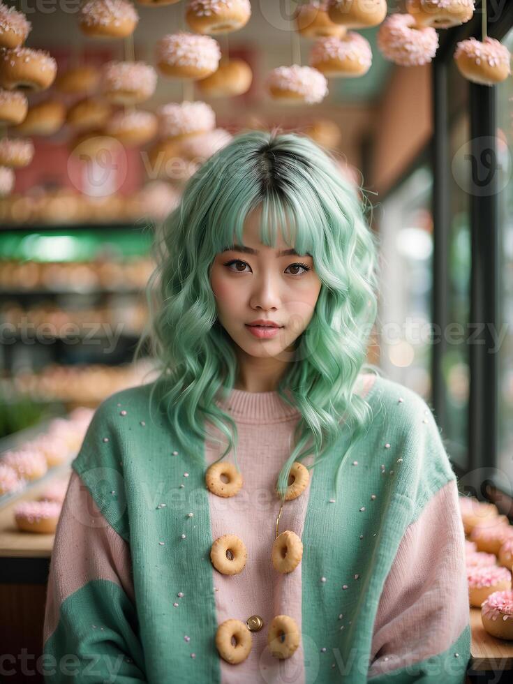 ai generado un niña con verde cabello, en pie en frente de estantería lleno con varios tipos de rosquillas y tener rosquillas arreglado como botones en su cárdigan foto