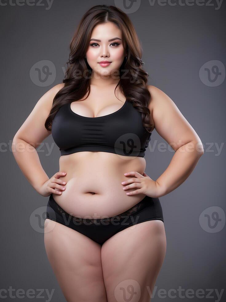 ai generado confidente talla extra mujer en un bikini, curvilíneo figura en un traje de baño, cuerpo positividad abrazado foto