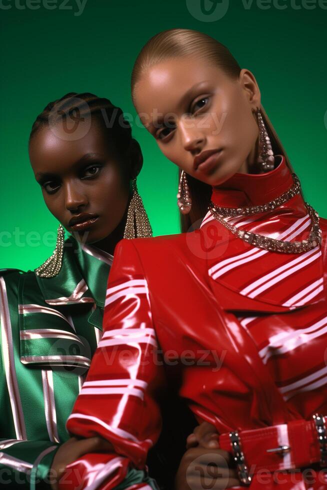 AI generated Two models wearing stylish attire against a vibrant green backdrop, They appear to be posing for a fashion or style-related photo shoot given the dramatic lighting and stylish clothing