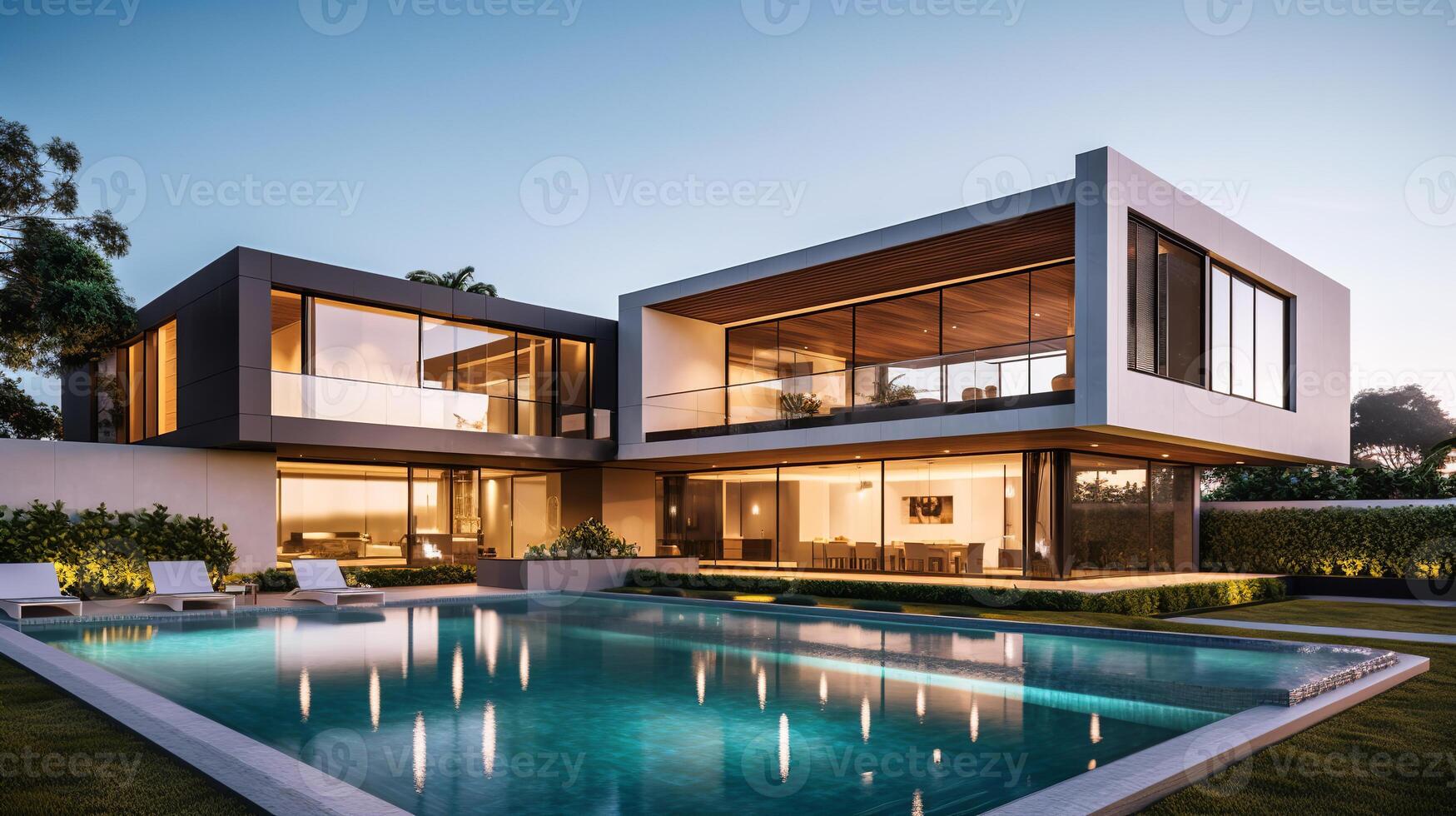 ai generado un moderno, lujoso casa con grande vaso ventanas, iluminado interiores, y un tranquilo piscina en el primer plano durante el noche foto