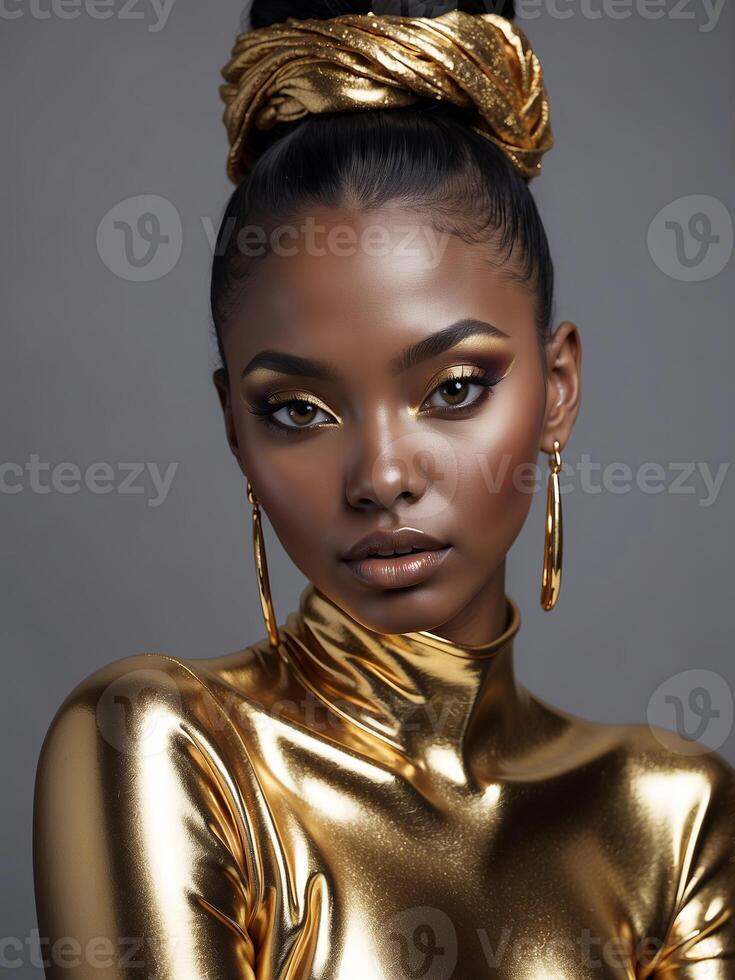 ai generado un hermosa negro niña vistiendo un brillante dorado atuendo y un alargado, de forma ovalada arete foto