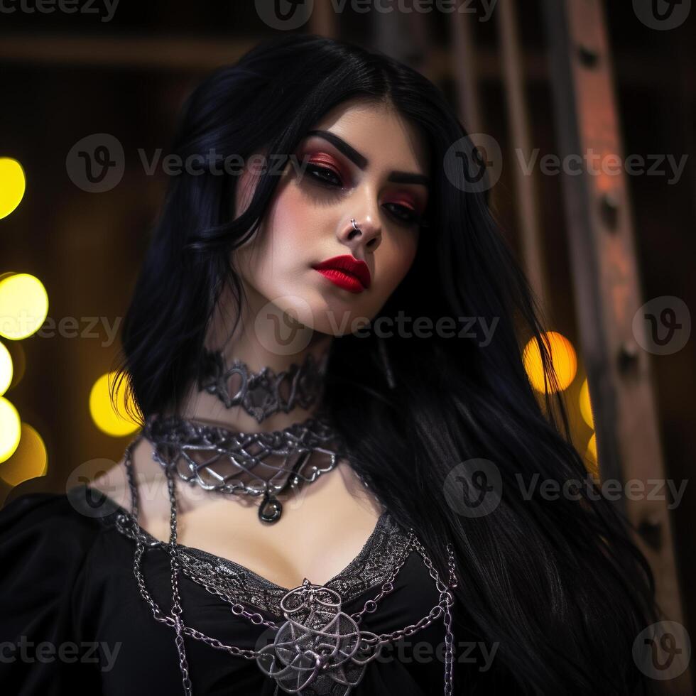 ai generado un mujer vistiendo oscuro atuendo y intrincado joyas, y un bokeh ligero efecto en el antecedentes foto