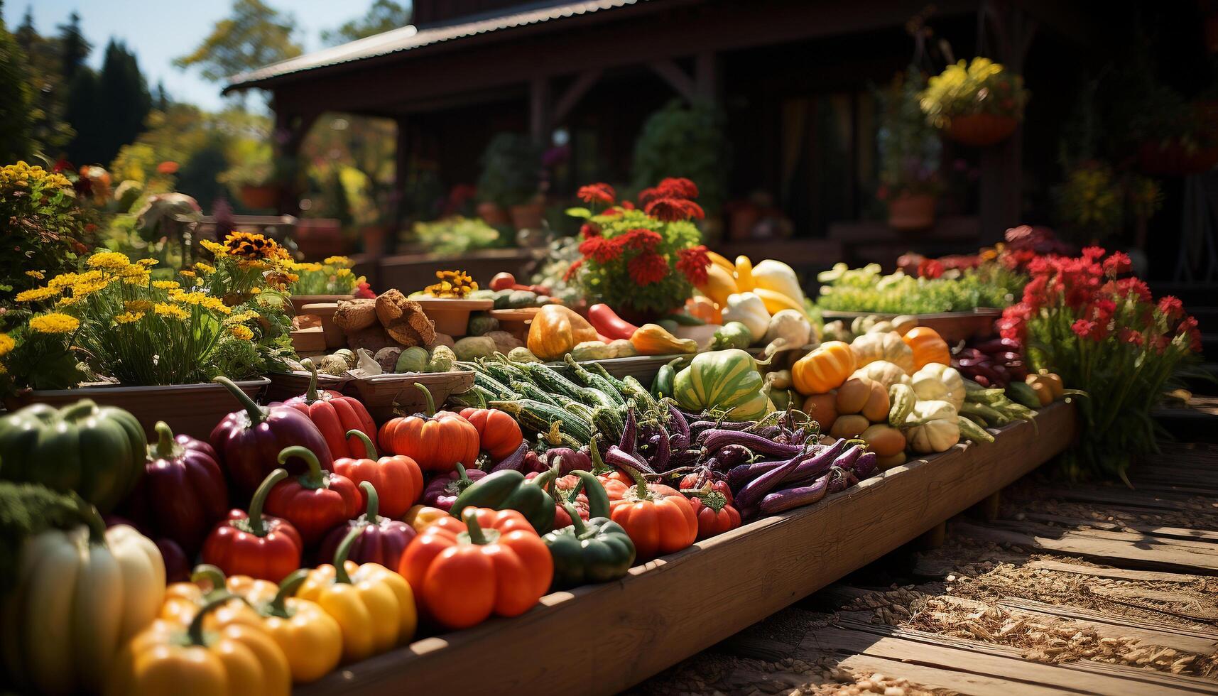 AI generated Fresh organic vegetables, fruits, and colorful flowers for sale outdoors generated by AI photo