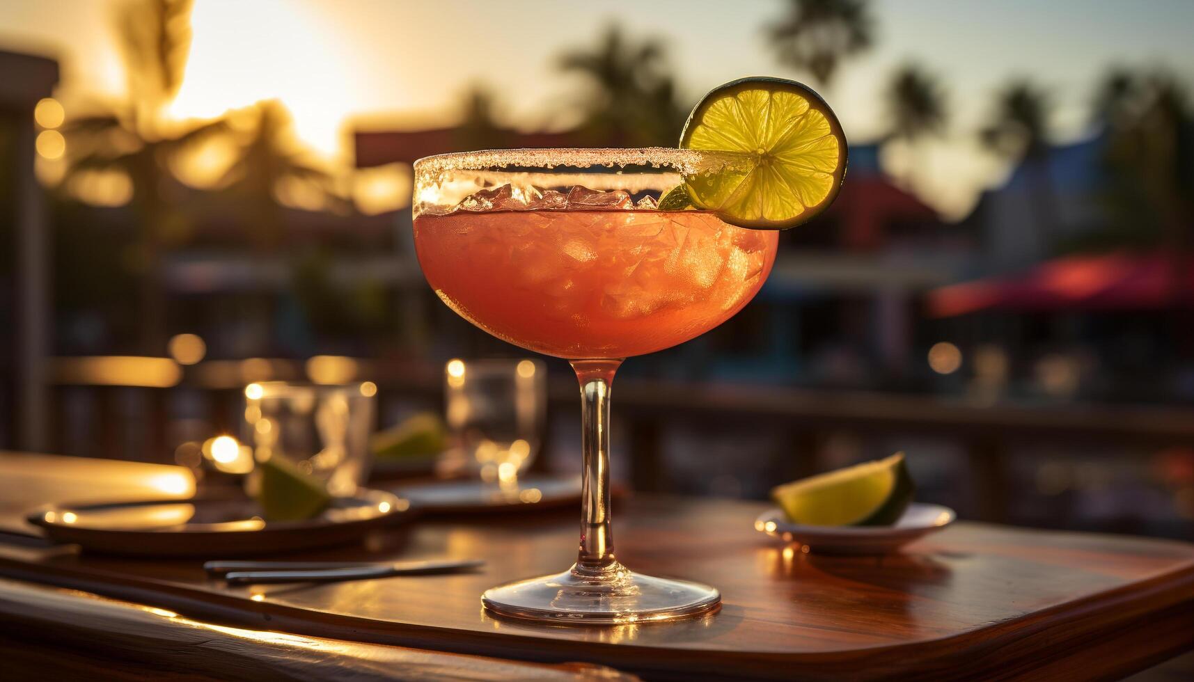 AI generated Refreshing cocktail on wooden table, enjoying summer night outdoors generated by AI photo