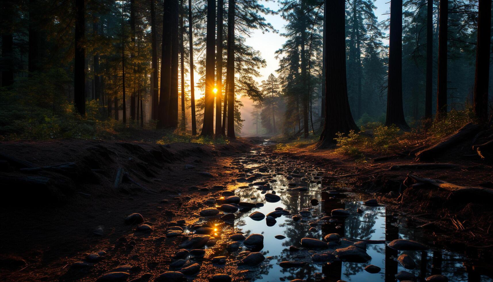 AI generated Tranquil scene of a foggy forest with colorful autumn leaves generated by AI photo