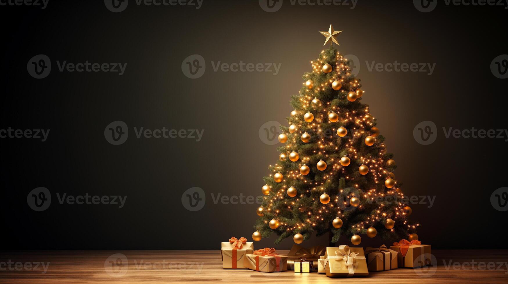 AI generated Copy space of Christmas tree and ball decoration on the table with dark background for wallpaper photo