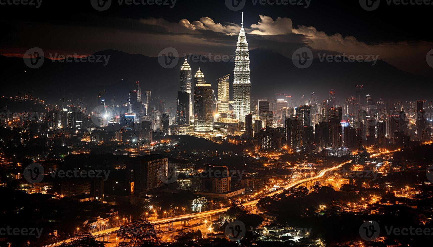 ai generado noche paisaje urbano con rascacielos, urbano horizonte, y iluminado arquitectura generado por ai foto