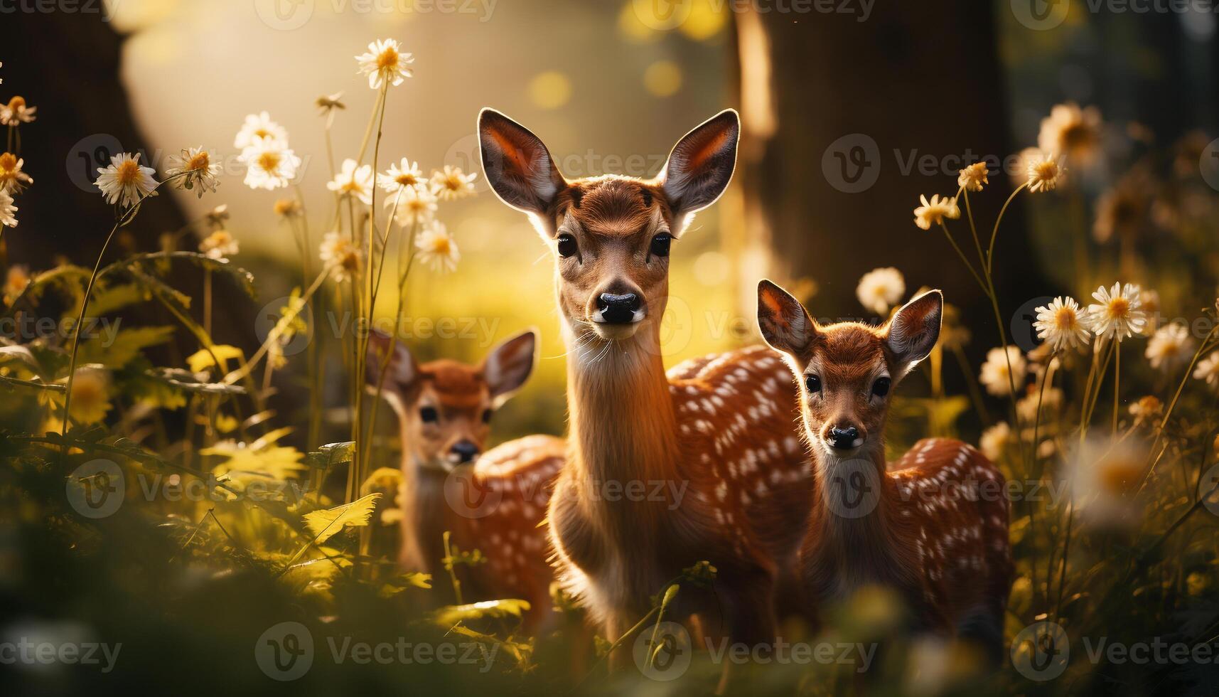 AI generated Cute deer in meadow, looking at camera, surrounded by nature generated by AI photo