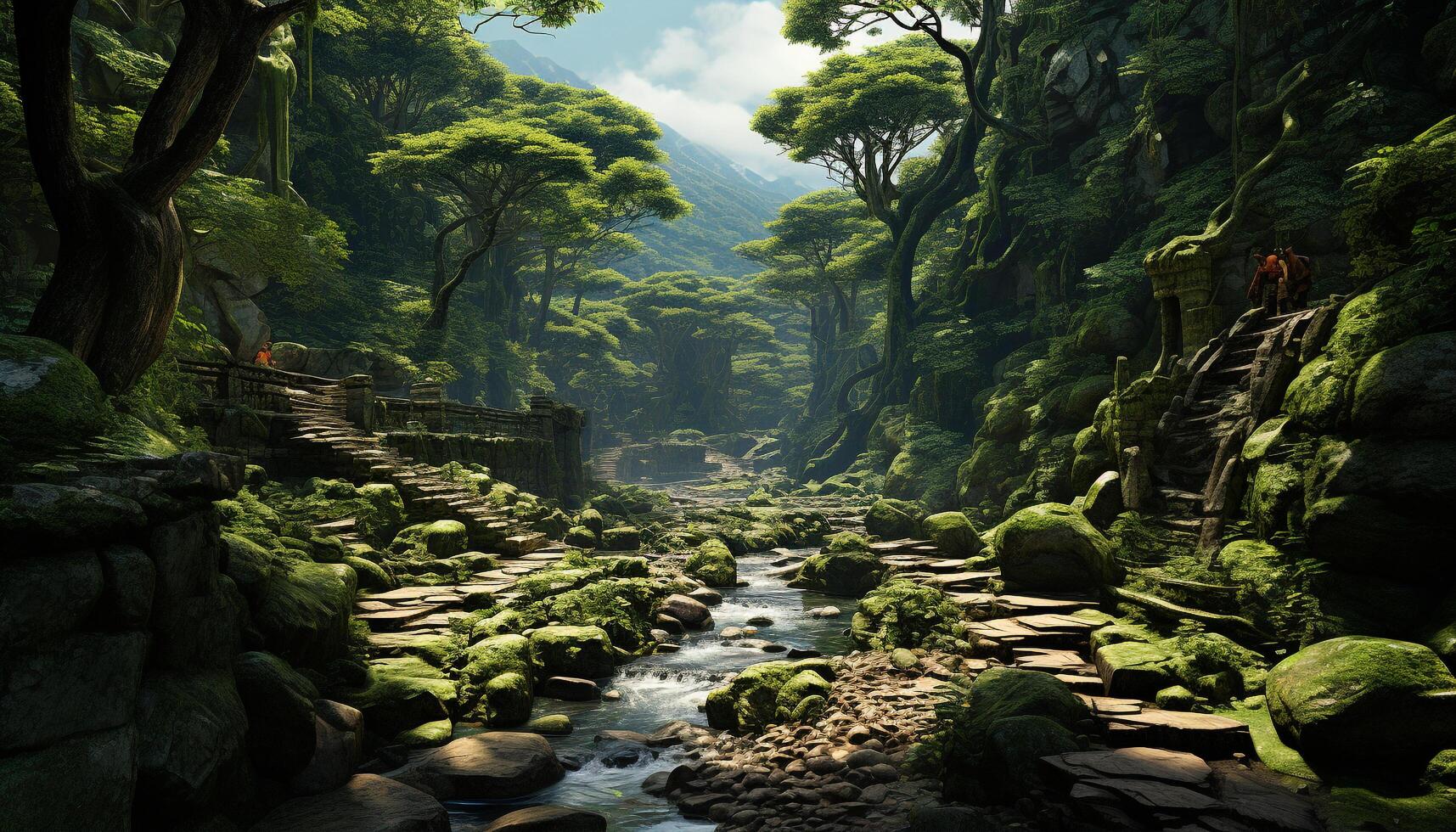 AI generated Tranquil scene of a tropical rainforest, with flowing water and mountains generated by AI photo