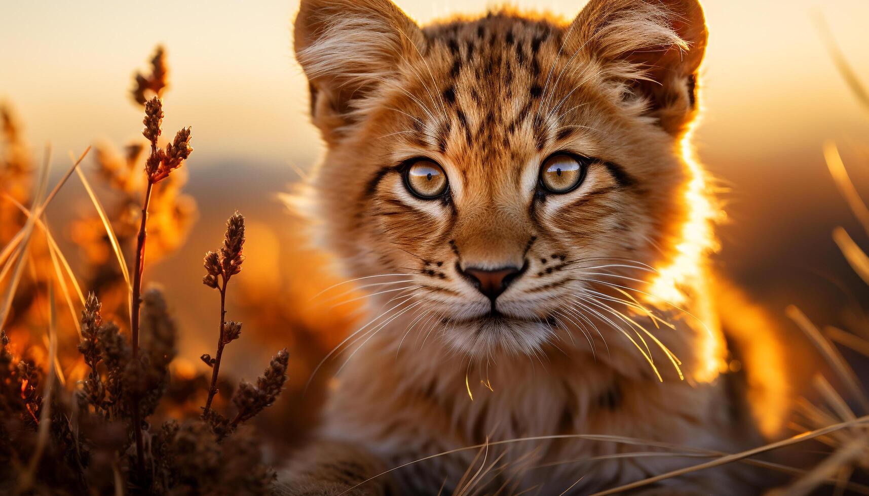 AI generated Majestic cheetah staring, fur glowing in sunlight, wilderness tranquility generated by AI photo