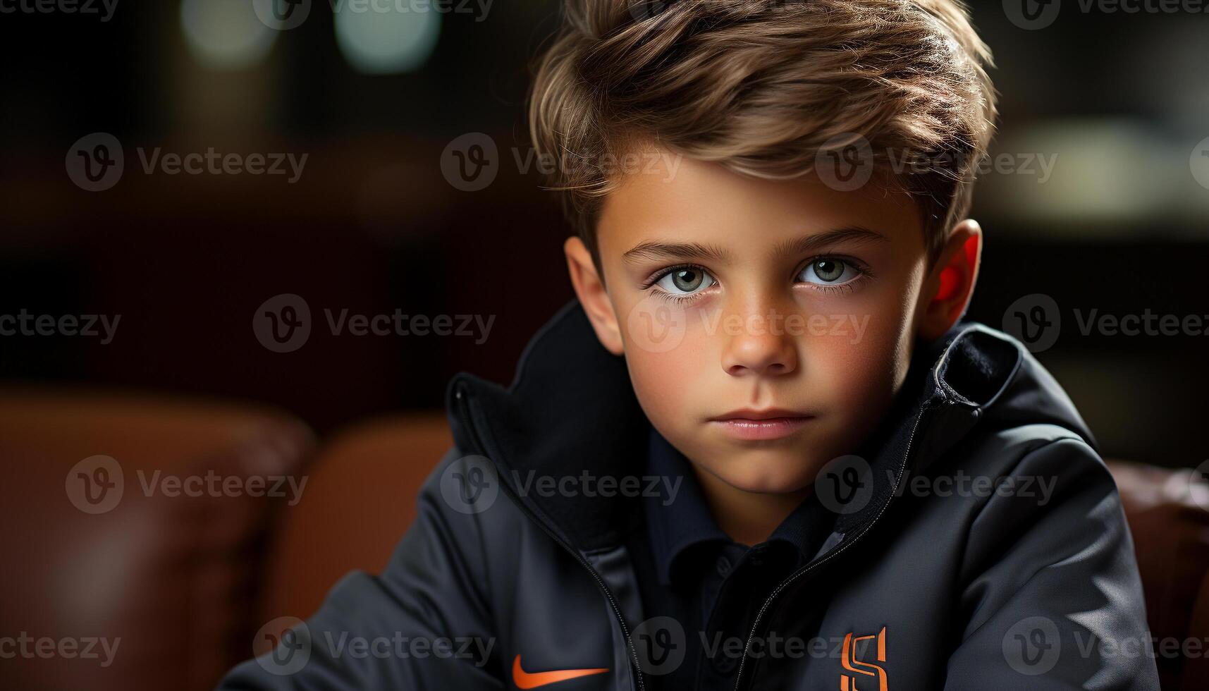 AI generated A cute blond schoolboy sitting indoors, looking sad but serious generated by AI photo