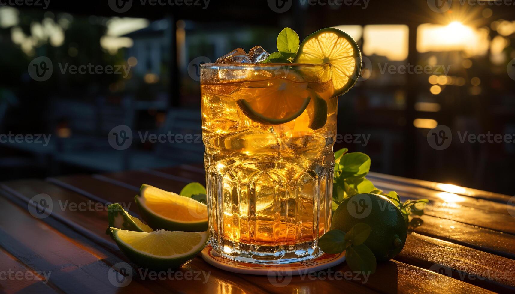 AI generated Refreshing cocktail with lemon and lime, perfect for summer relaxation generated by AI photo
