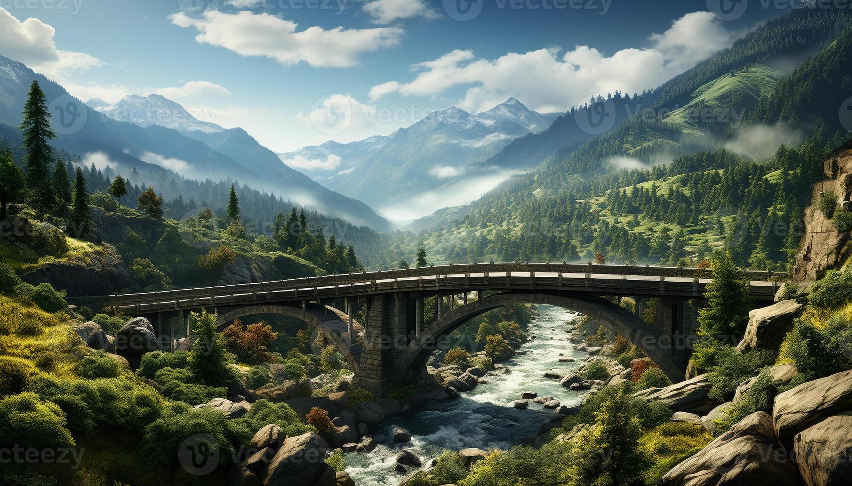 AI generated Mountain range, forest, bridge, man made structure, water, sky, grass, tree, sunset generated by AI photo