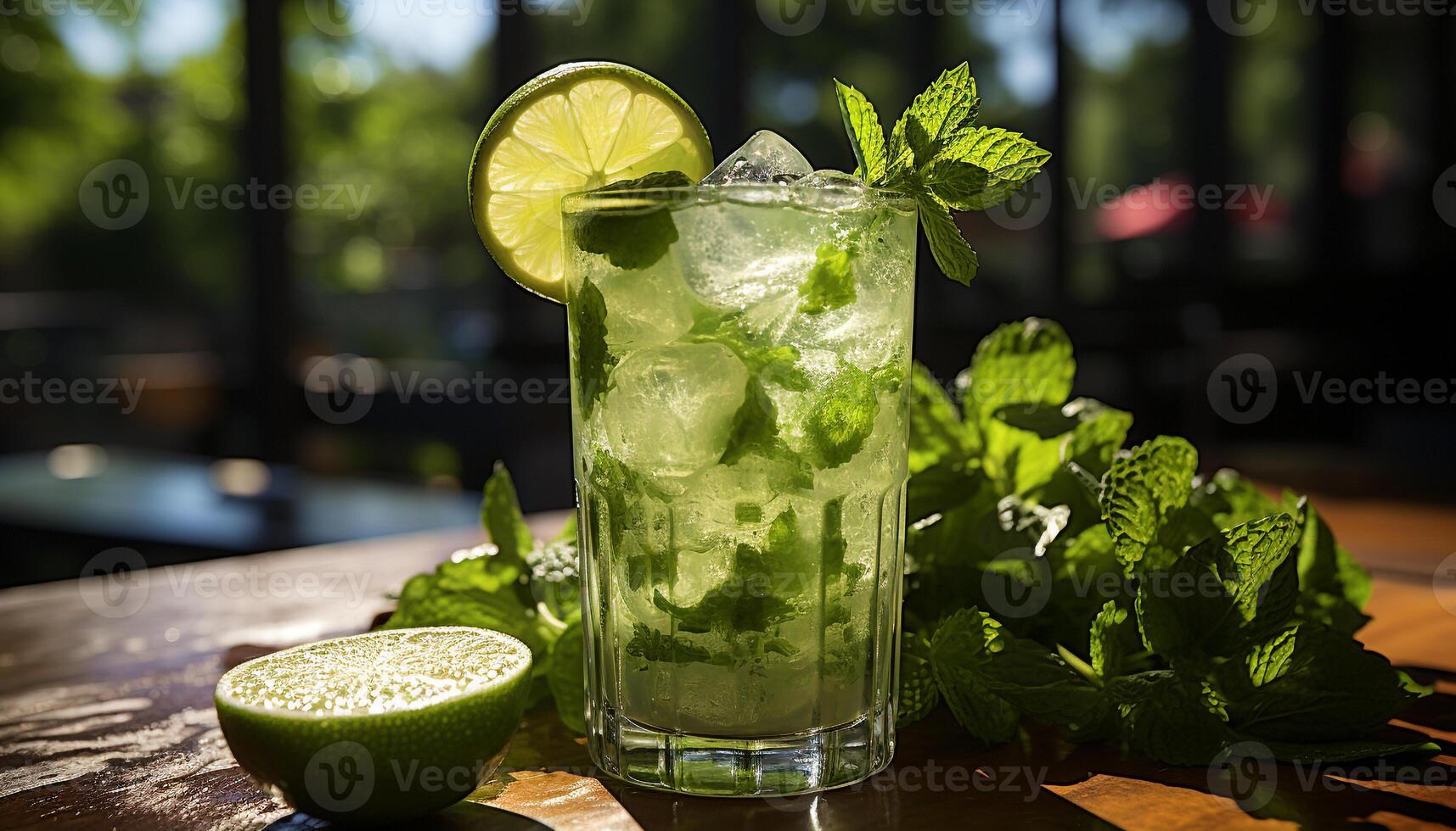 AI generated Fresh mojito cocktail with lime, fruit, and mint leaf garnish generated by AI photo
