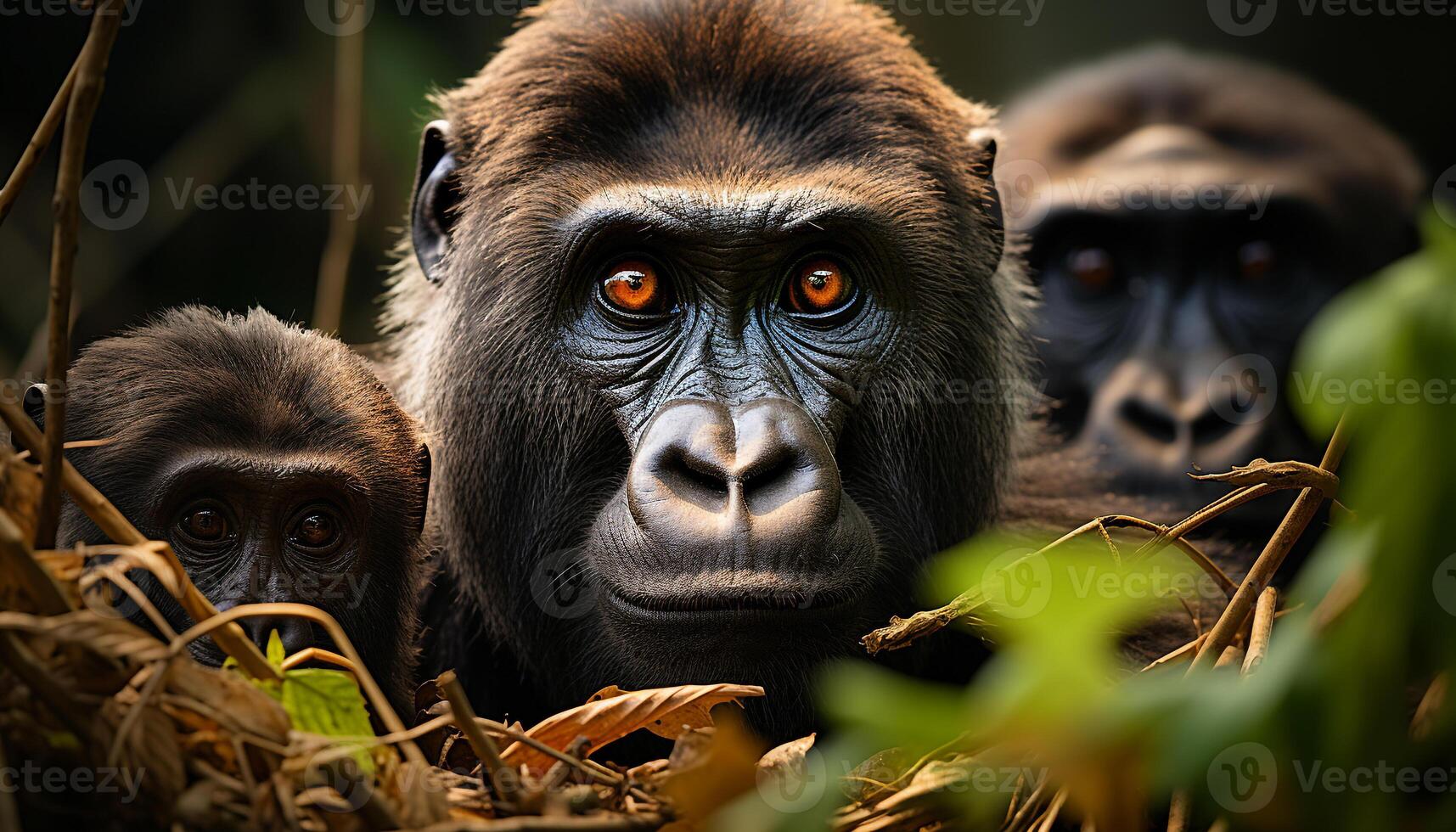 AI generated Cute young monkey sitting in the green forest, staring at camera generated by AI photo