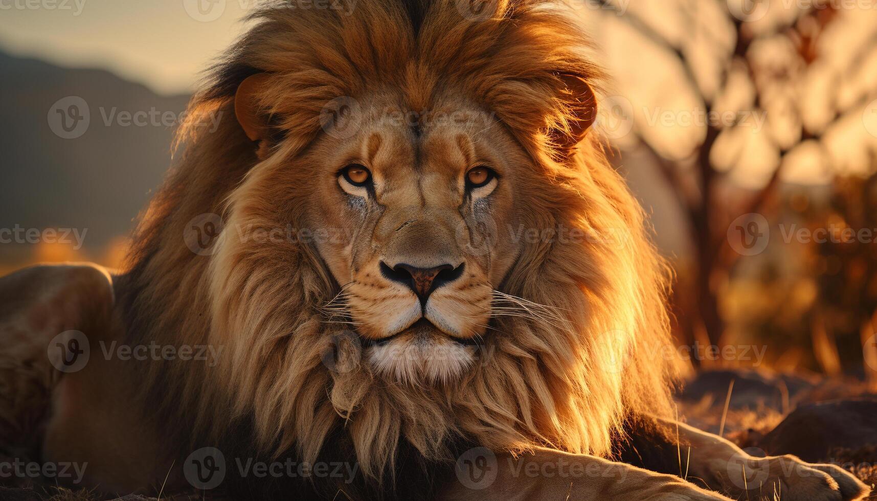 AI generated Majestic lion in the wild, resting under the African sunset generated by AI photo