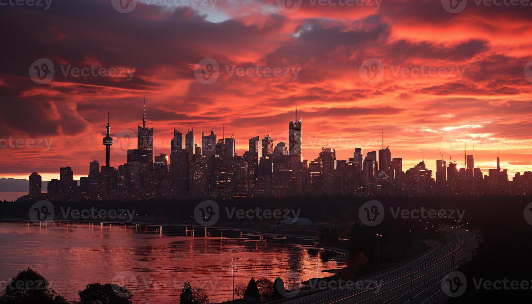 AI generated Cityscape at dusk, skyscrapers silhouette against the illuminated sunset reflection generated by AI photo