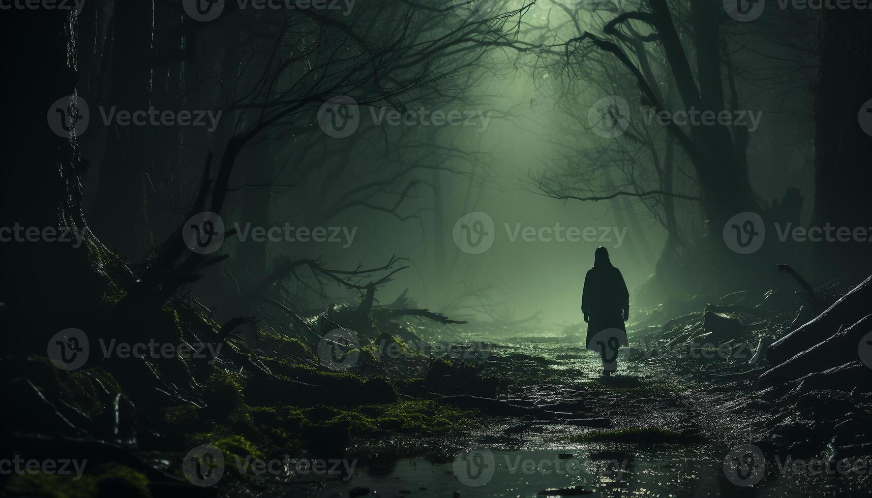 AI generated Spooky silhouette walking through dark forest at night generated by AI photo