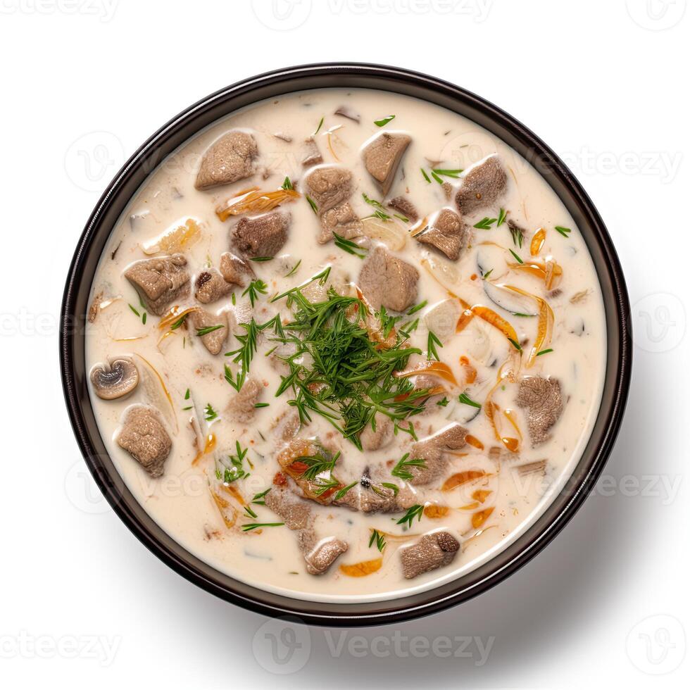 AI generated Beef soup closeup isolated on white background photo