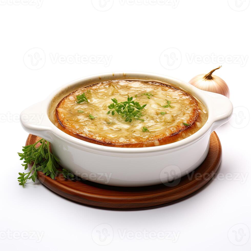 AI generated Onion soup closeup photo