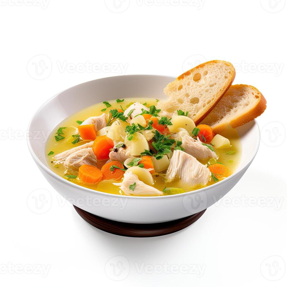 AI generated Chicken soup with vegetables closeup photo