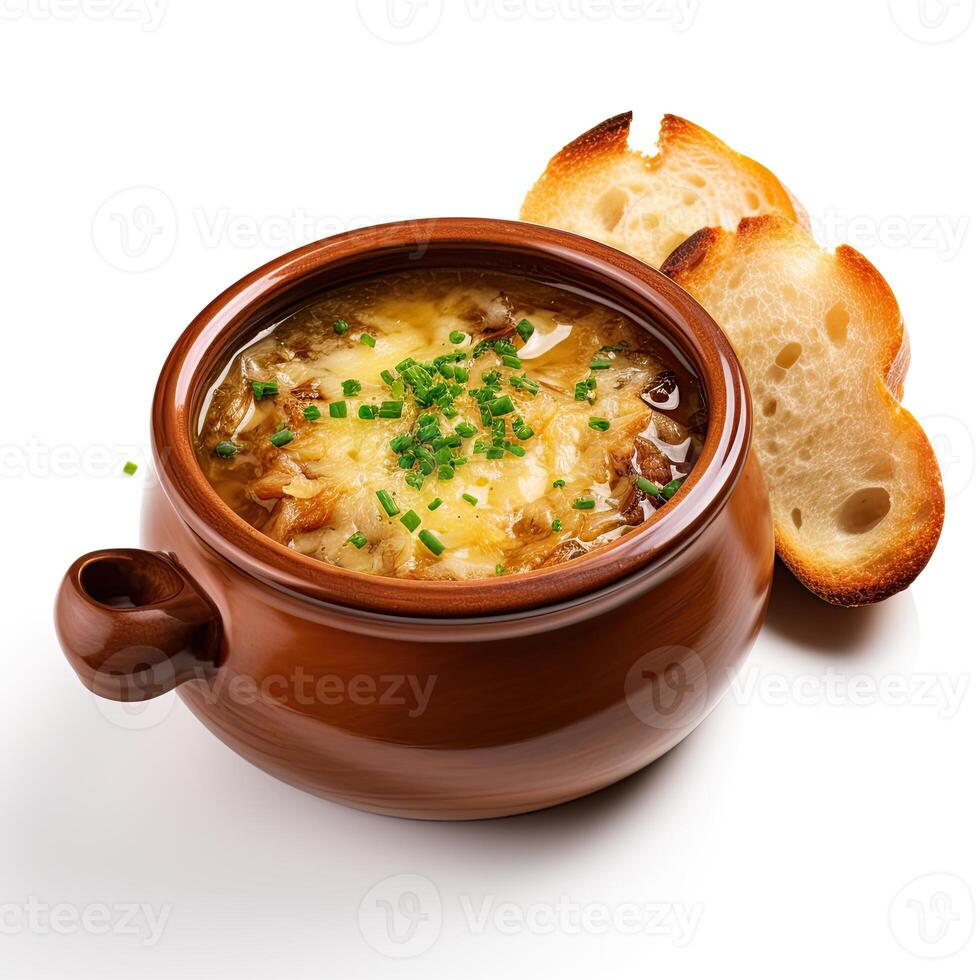 AI generated Onion soup closeup photo
