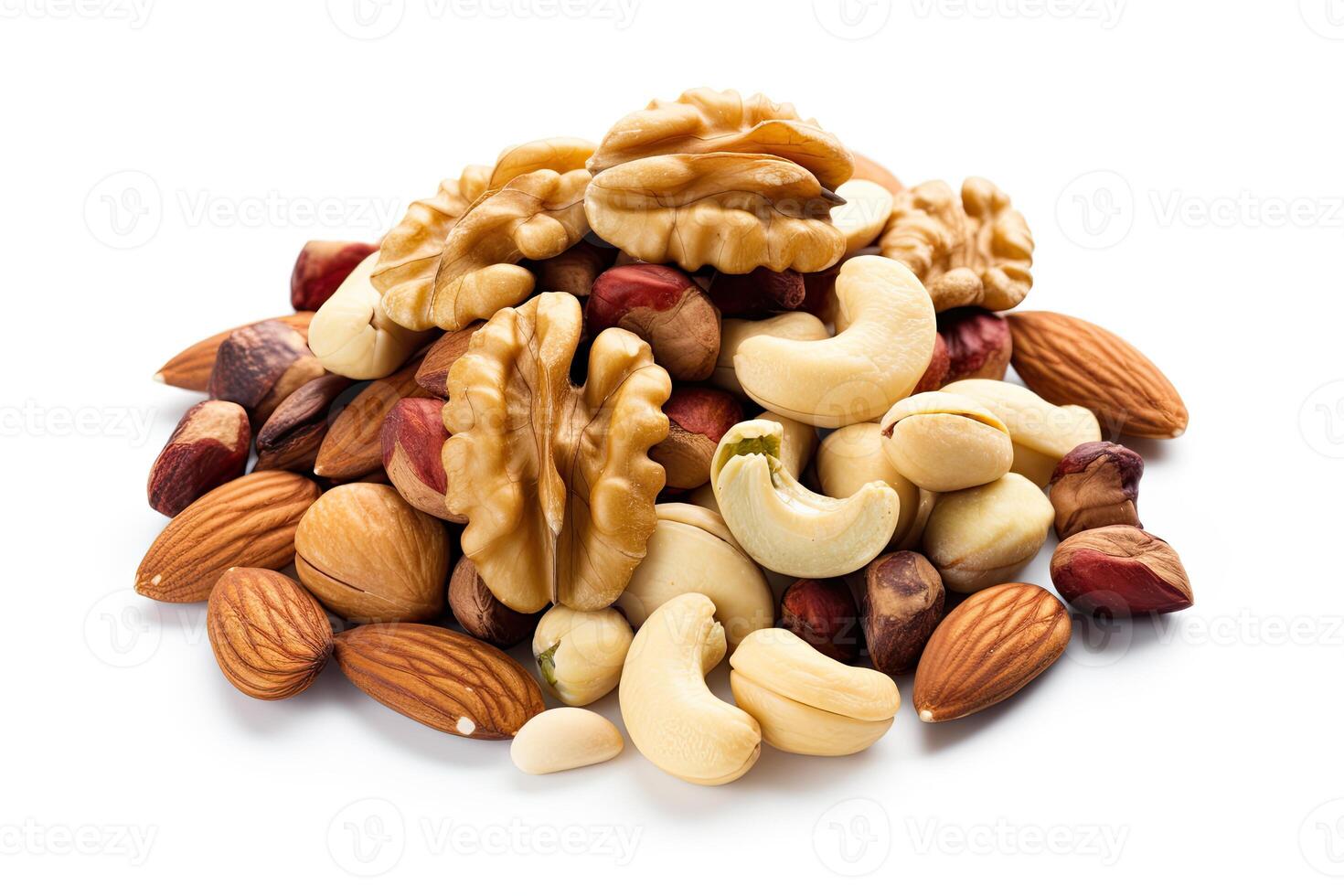 AI generated Nuts close up isolated on white background photo