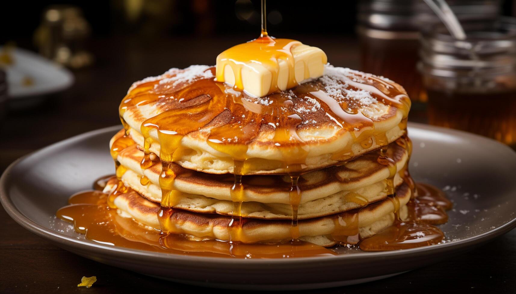 AI generated Freshly baked pancakes stacked high with sweet syrup generated by AI photo