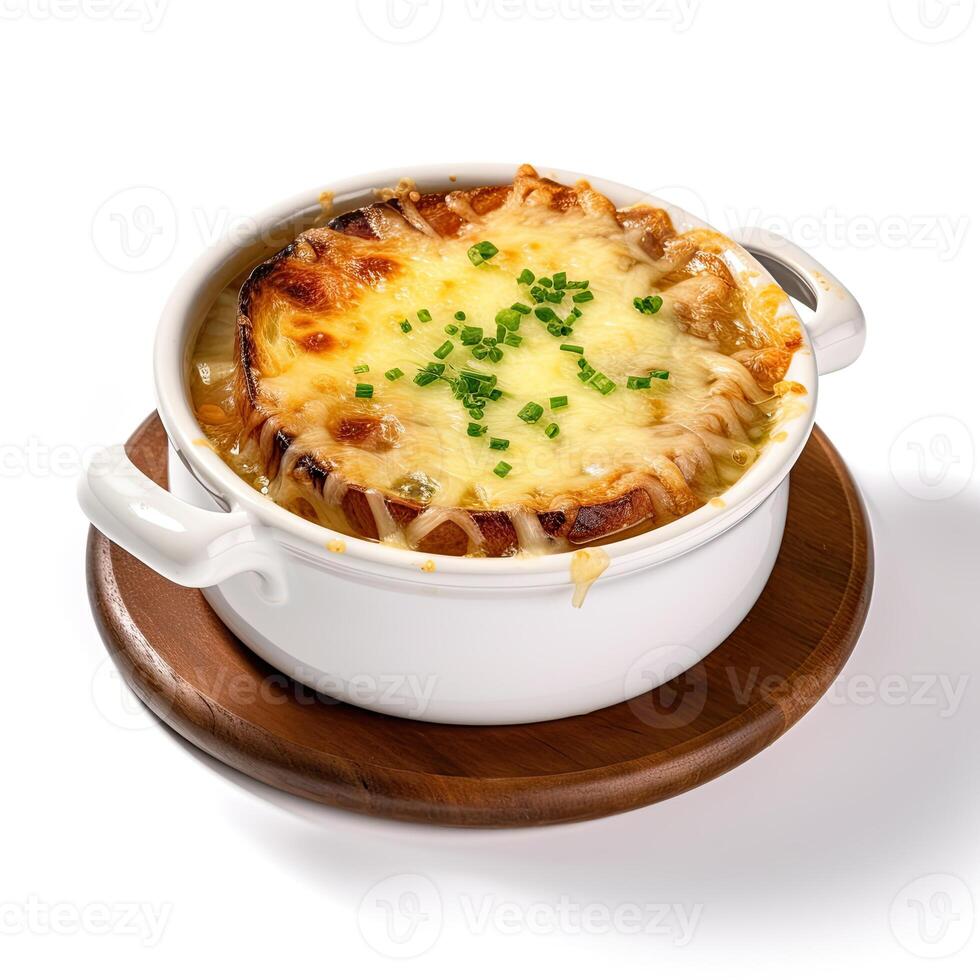 AI generated Onion soup closeup photo