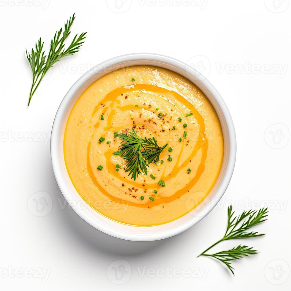 AI generated Carrot soup closeup isolated on white background photo