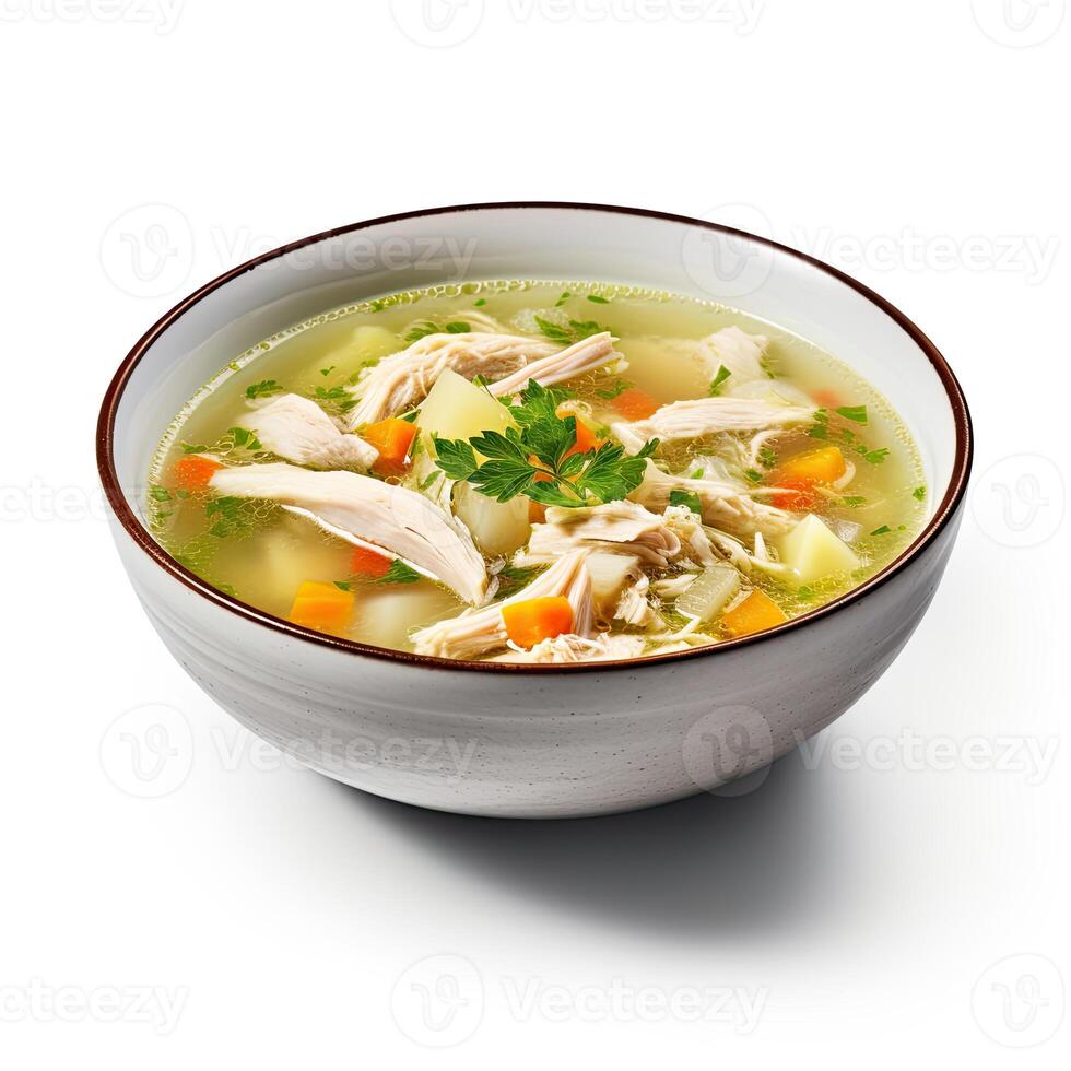 AI generated Chicken soup with vegetables closeup photo