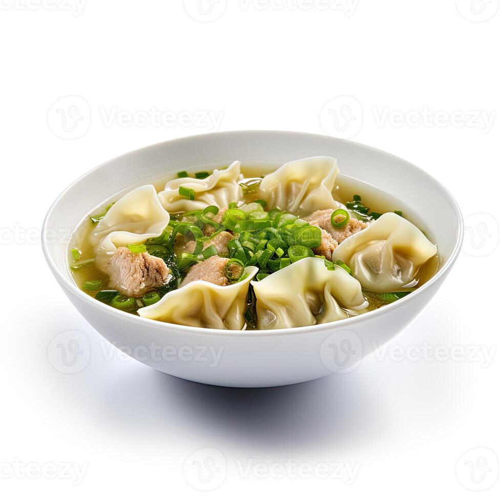 AI generated Wonton soup closeup isolated on white background photo