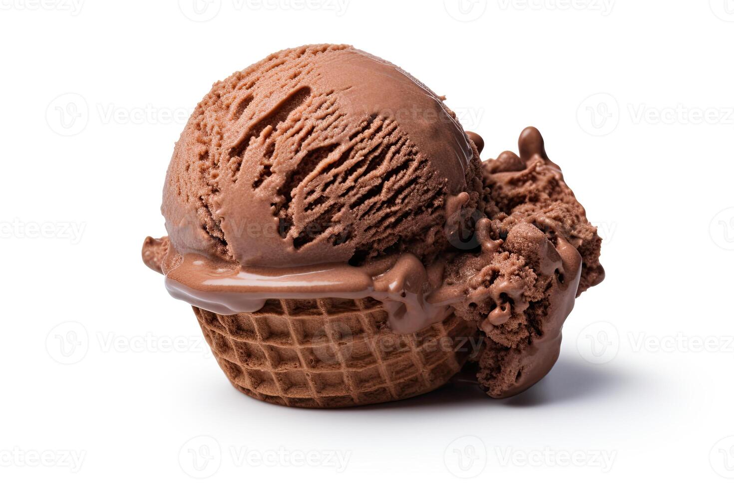 AI generated Chocolate ice cream close up isolated on white background photo