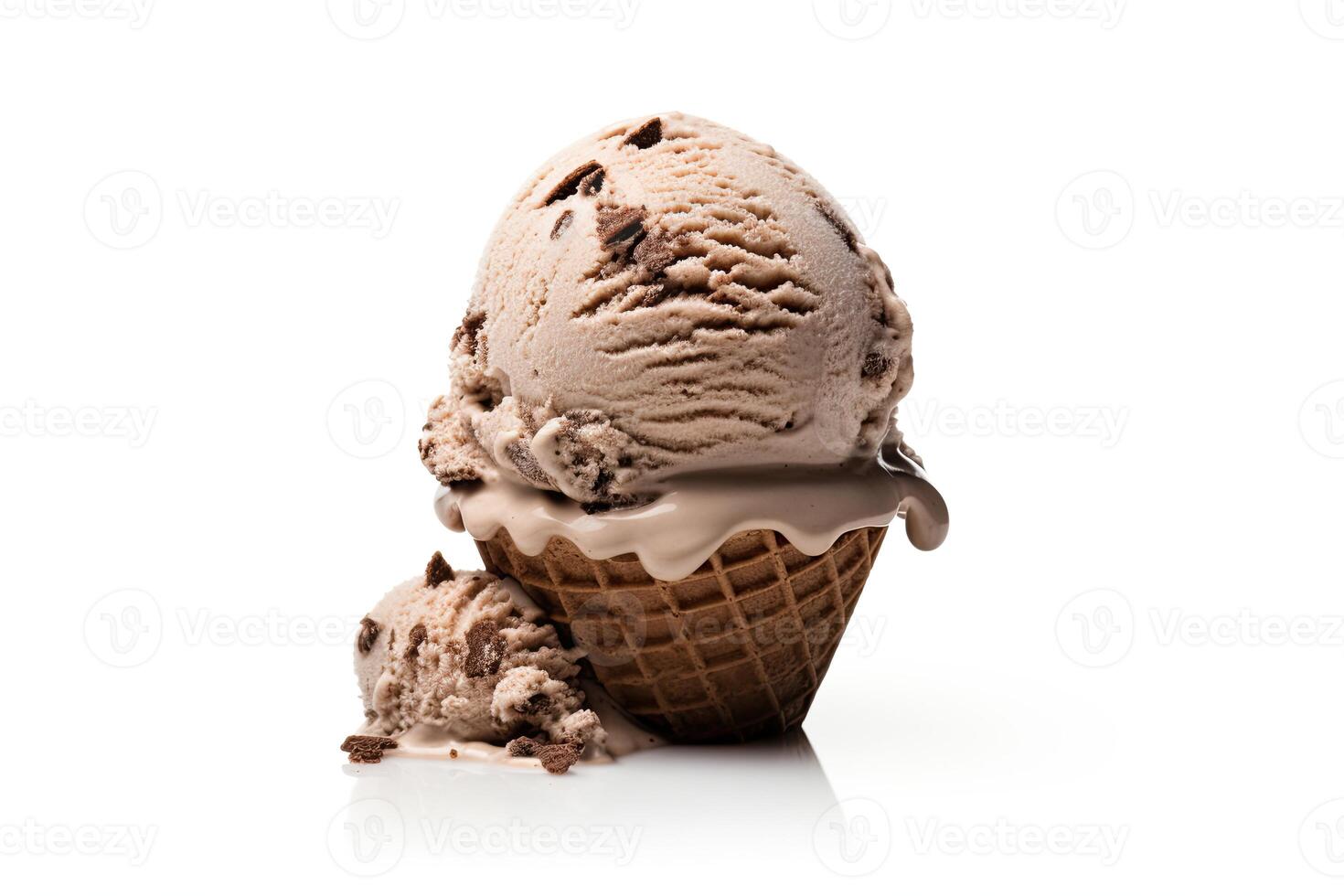 AI generated Chocolate ice cream close up isolated on white background photo