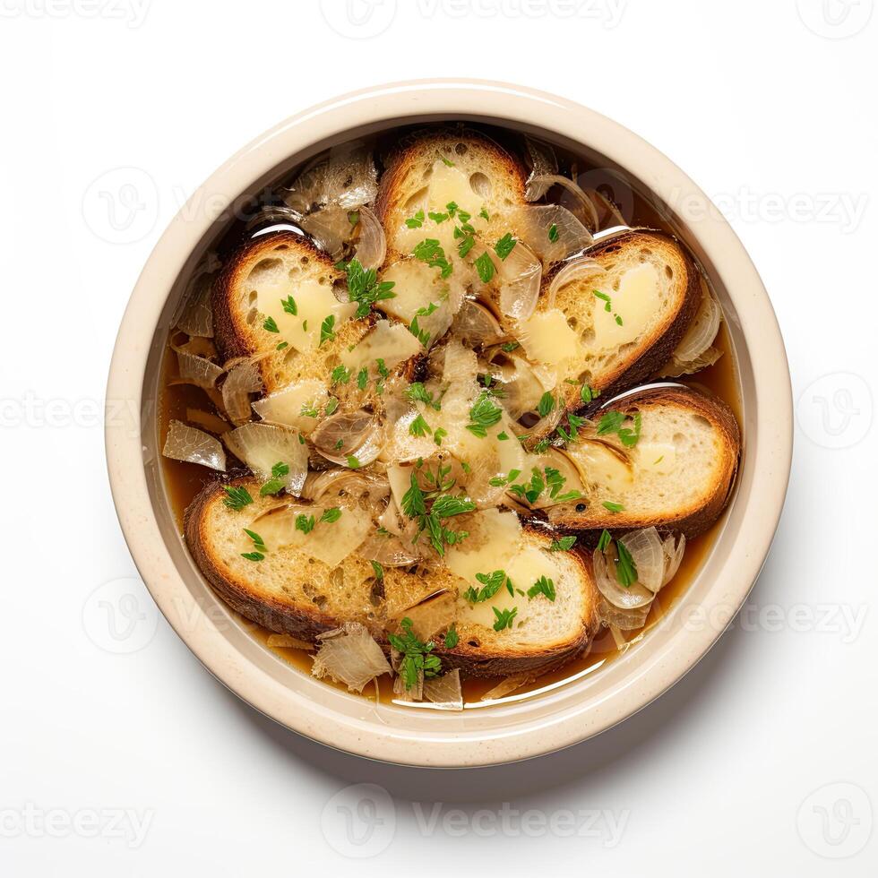 AI generated Onion soup closeup photo