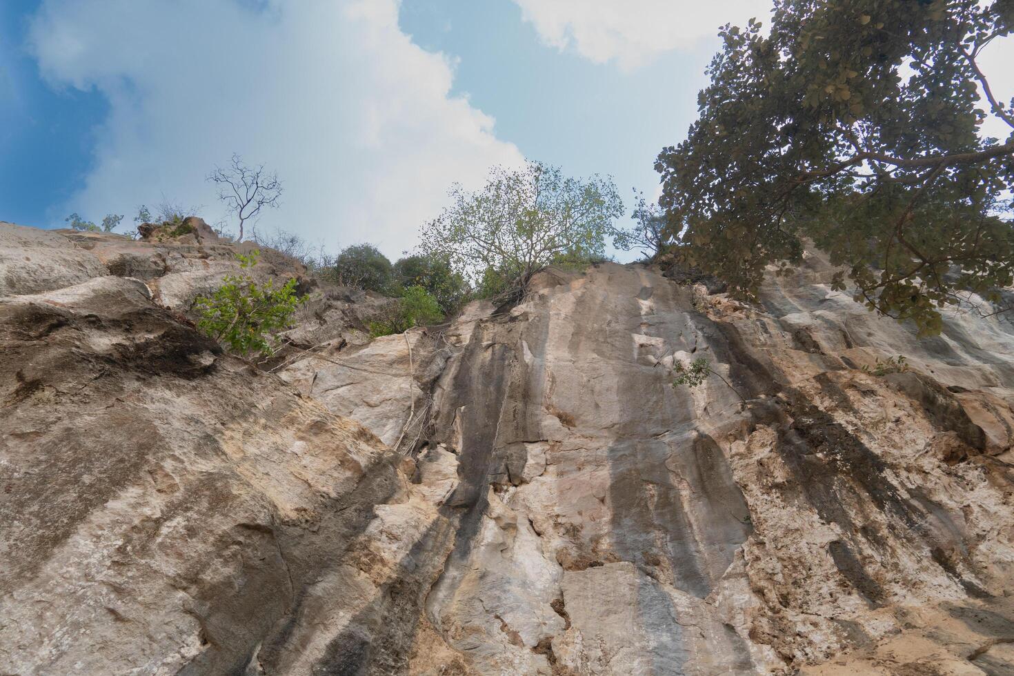 Rock formation in the forest of At Wat Tham Khao Bot Tample Wangchan Rayong Thailand.  Under blue sky and white clouds. photo