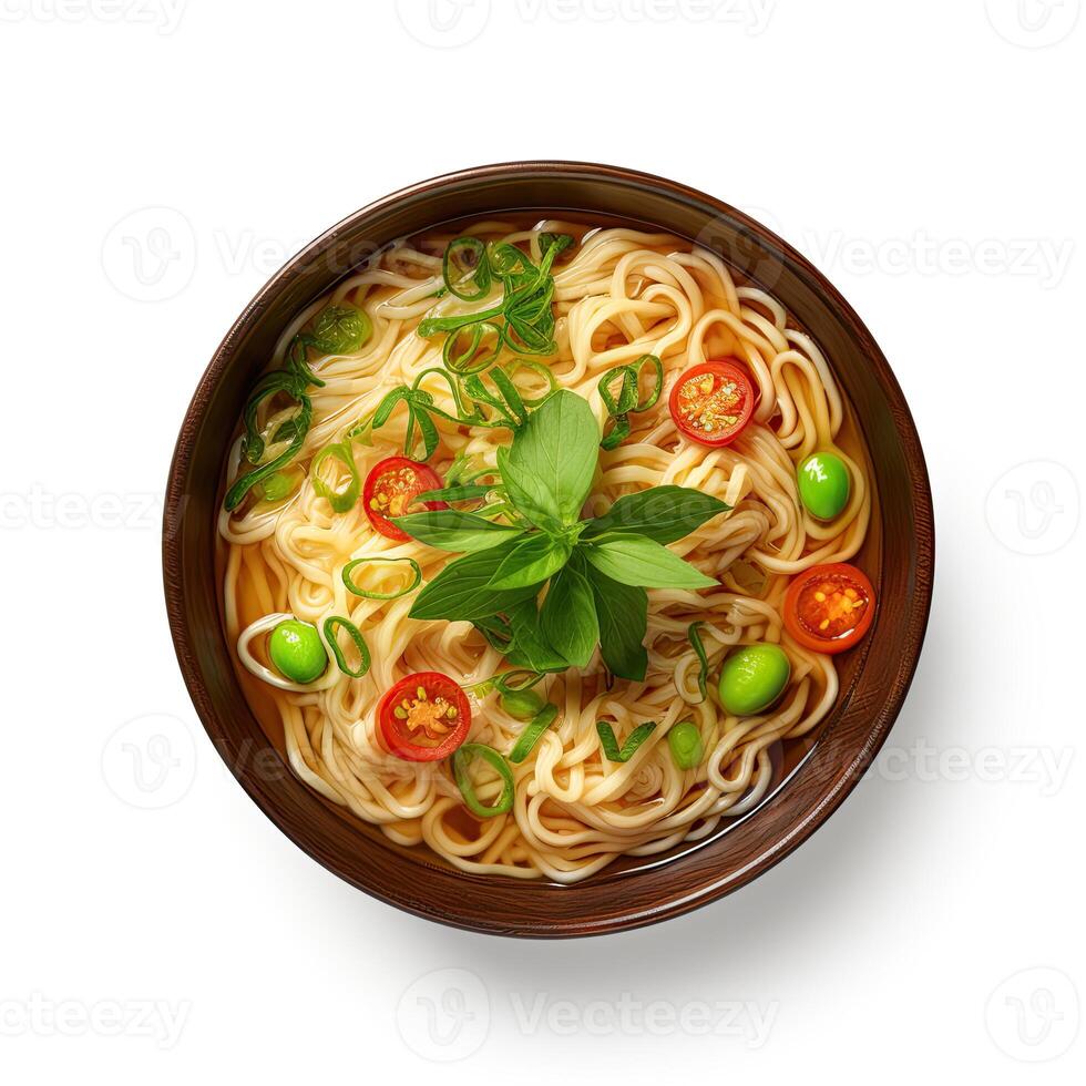 AI generated noodle soup closeup isolated on plain background photo