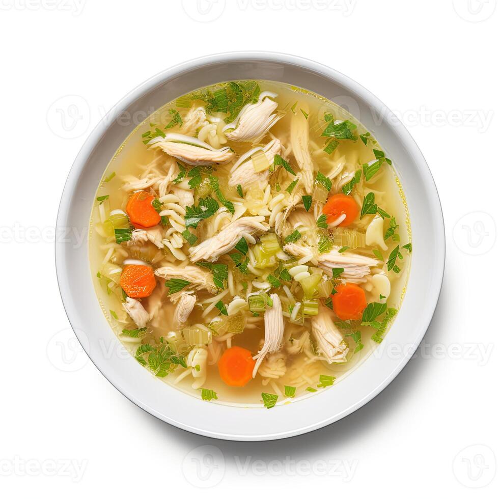 AI generated Chicken soup with vegetables closeup photo