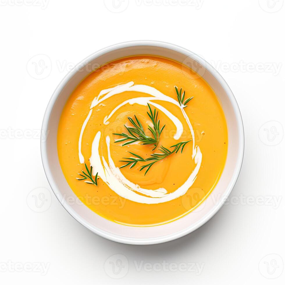 AI generated Carrot soup closeup isolated on white background photo