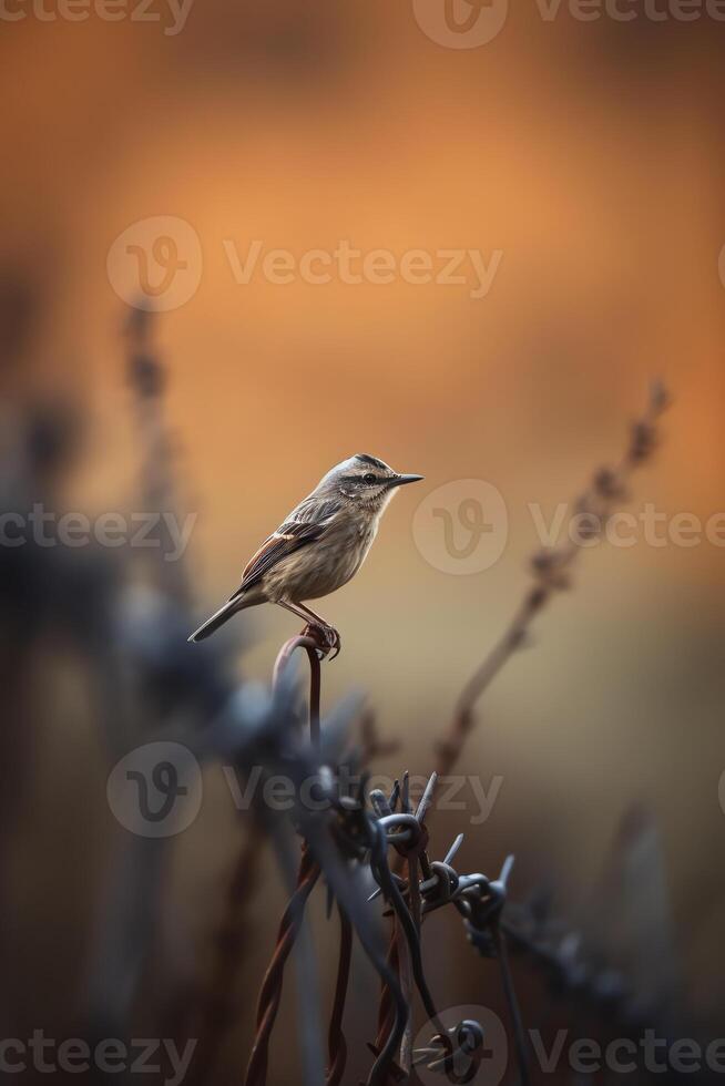 AI generated a small bird perched on top of a barbed wire fence photo