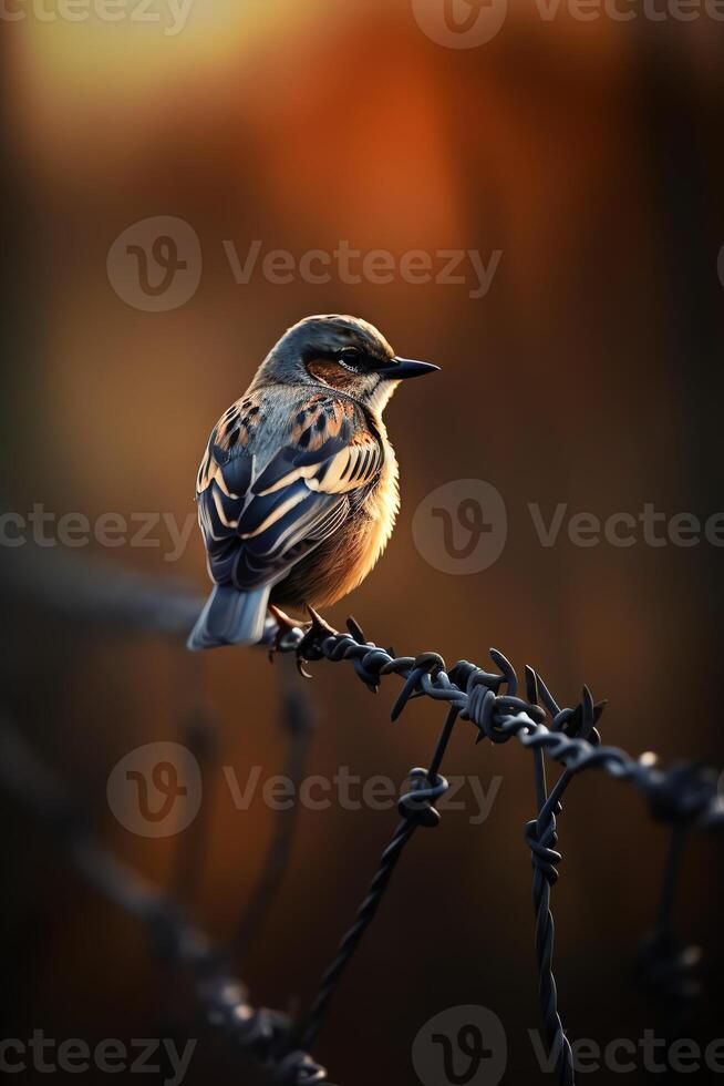 AI generated a small bird perched on top of a barbed wire fence photo