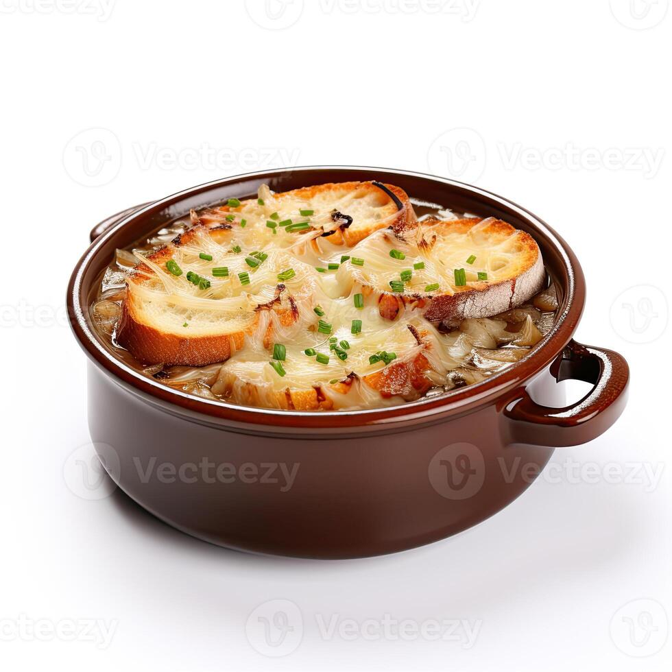 AI generated Onion soup closeup photo