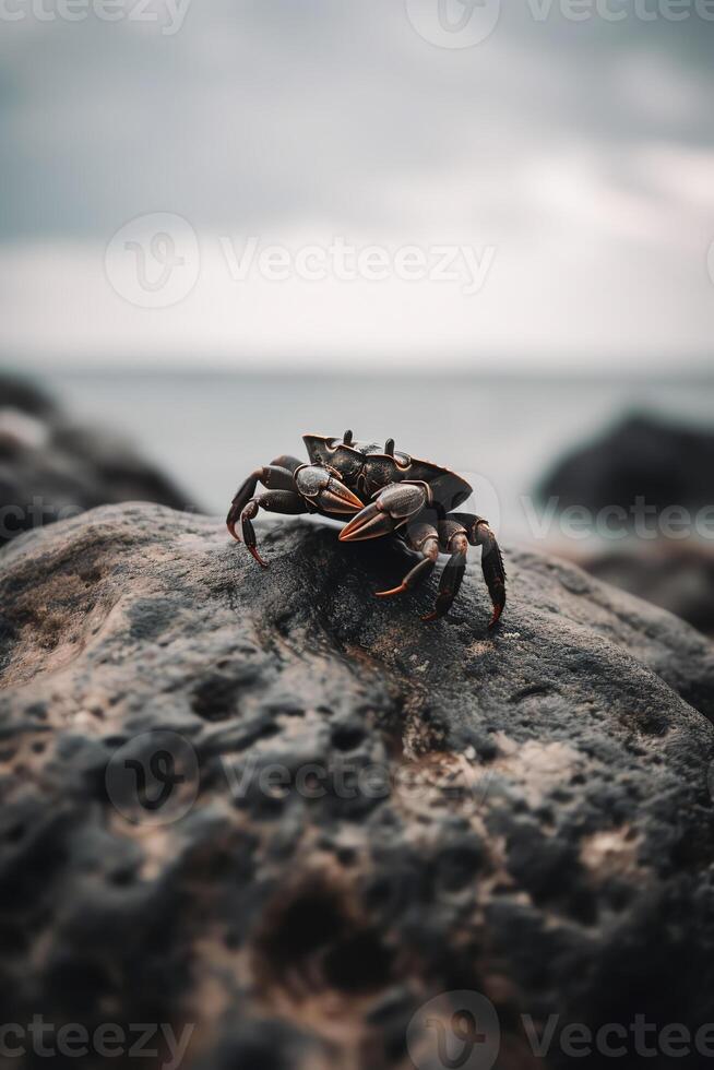 ai generado un cangrejo sentado en parte superior de un rock en un playa foto