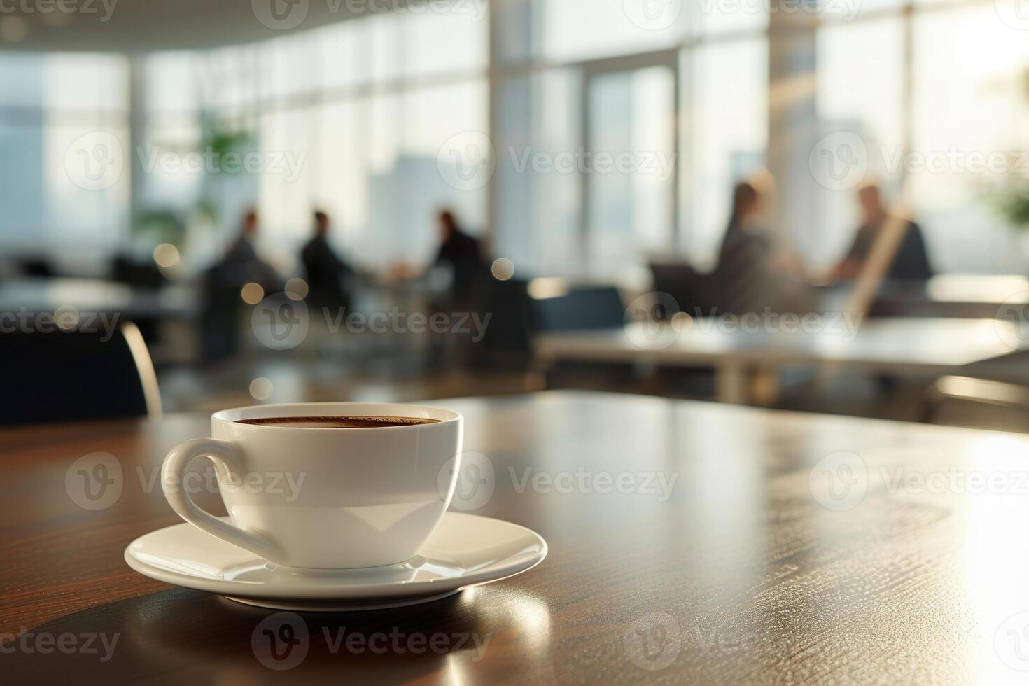 AI generated Cup of coffee on the table in the office in the background with office workers. photo