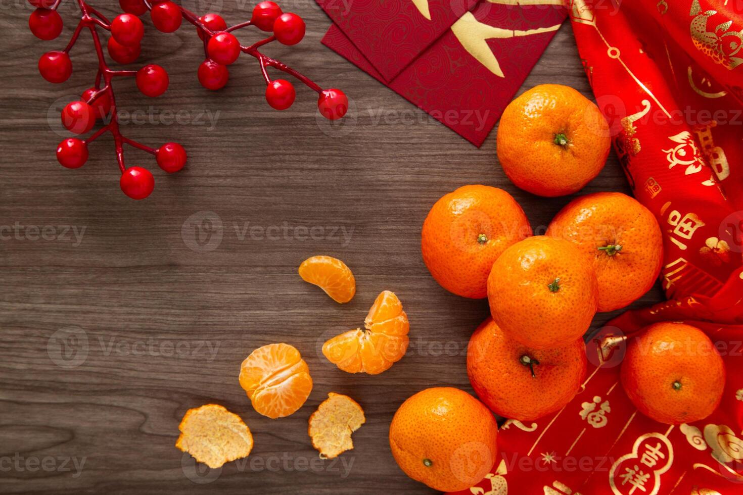 Chinese lunar new year decorations. Flat lay Chinese new yea photo